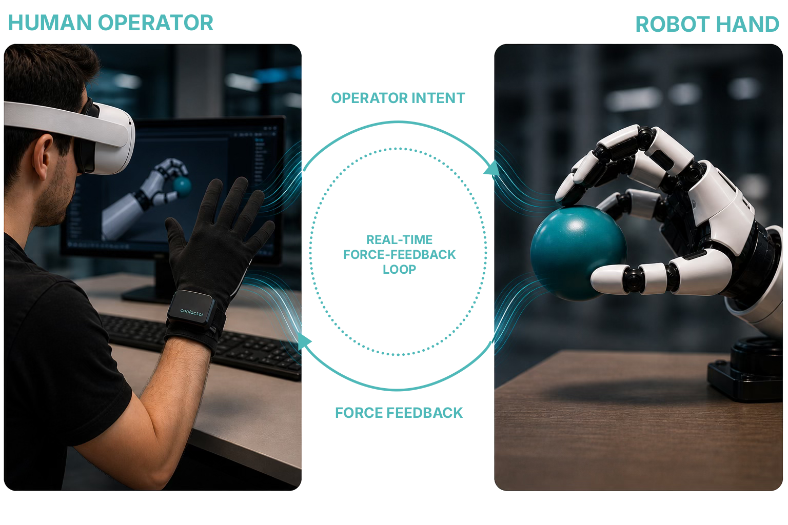 Human operator with haptic glove, real-time force-feedback loop, and robot hand grasping an object